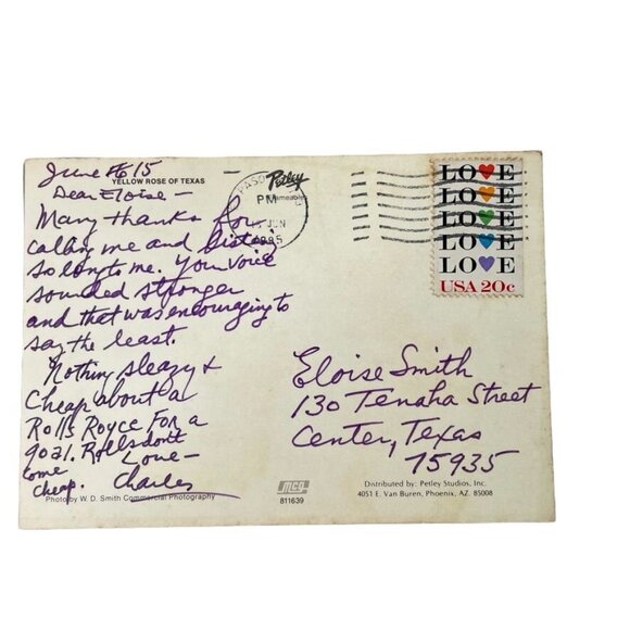 Texas Vintage Postcard Yellow Rose Postmarked u 1985 NonTopographical Standard - Picture 2 of 3